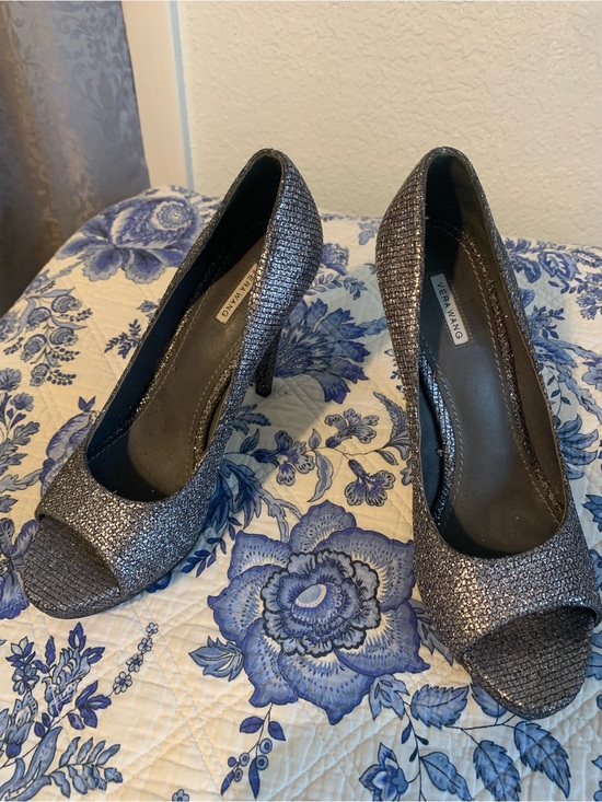 Vera Wang Shoes - Vera Wang Metallic Pewter Glitter Peep-Toe Heels